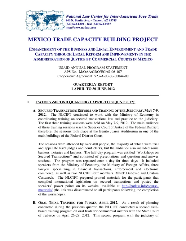 Mexico Trade Capacity Building Project: Enhancement of the Business and Legal Environment and Trade Capacity through Legal Reform and Improvements in the Administration of Justice by Commercial Courts in Mexico