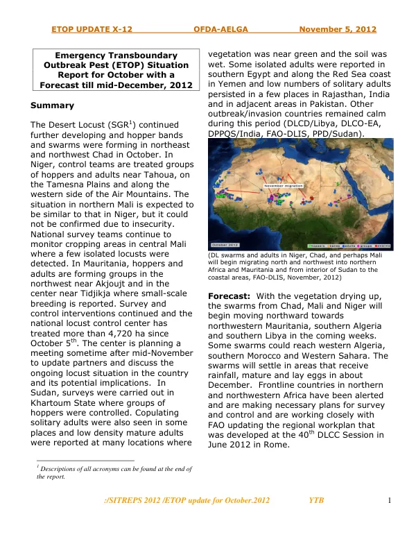 Emergency Transboundary Outbreak Pest (ETOP) Situation Report for October with a Forecast till mid-December, 2012