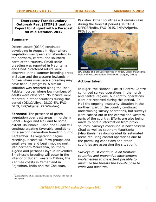 ETOP Situation Report for August with a forecast till mid-October, 2012
