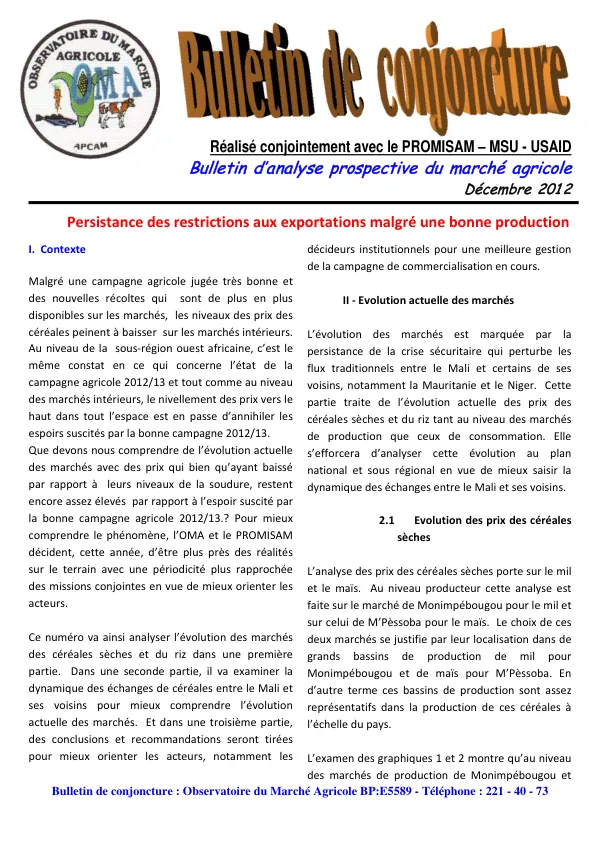 Mission Conjointe OMA/PROMISAM de Prospection des Marchés Céréaliers