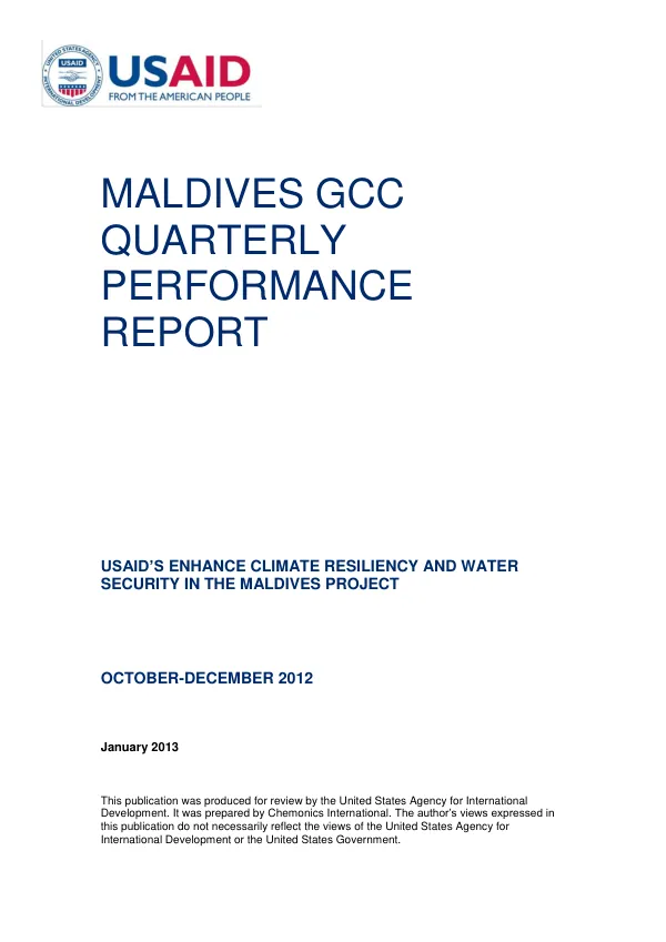 USAID’s Enhance Climate Resiliency and Water Security in the Maldives Project: Quarterly Performance Report (October-December 2012)