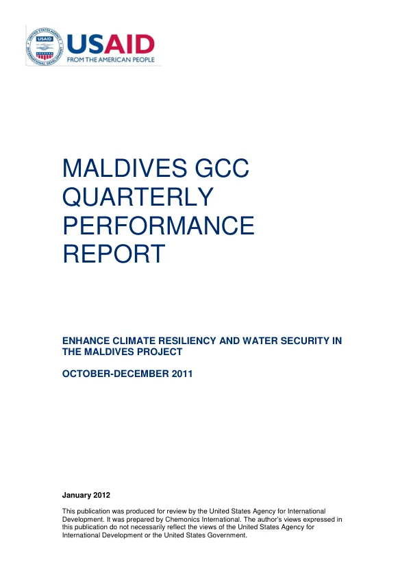 Enhance Climate Resiliency and Water Security in the Maldives Project Quarterly Performance Report