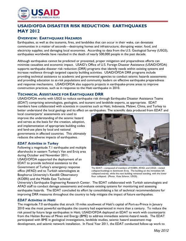 USAID/OFDA DISASTER RISK REDUCTION: EARTHQUAKES