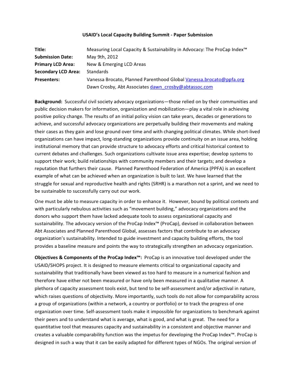 Measuring Local Capacity & Sustainability in Advocacy: The ProCap Index™