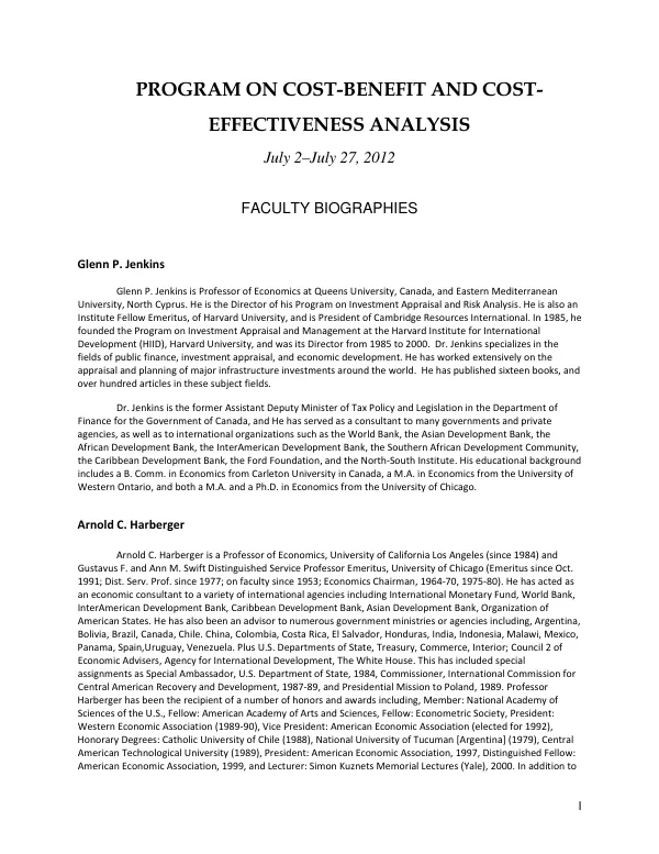 PROGRAM ON COST-BENEFIT AND COST-EFFECTIVENESS ANALYSIS
