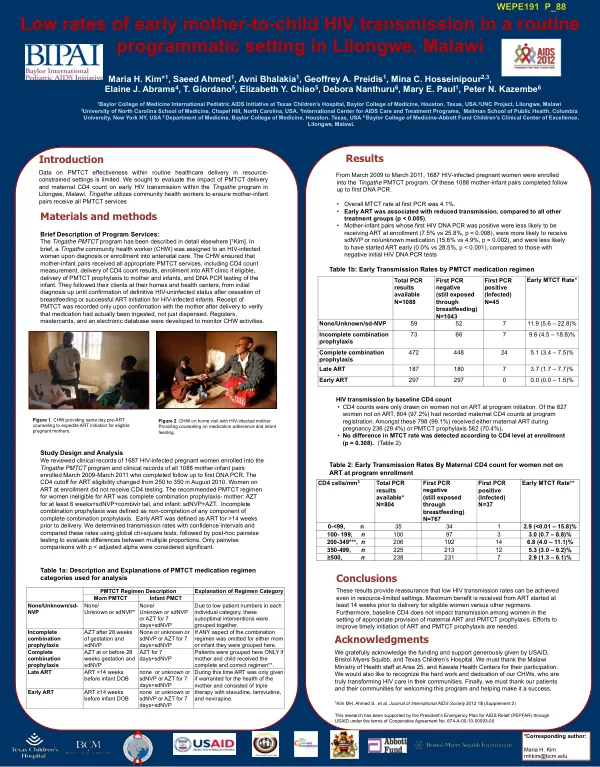 Low rates of early mother-to-child HIV transmission in a routine programmatic setting in Lilongwe, Malawi