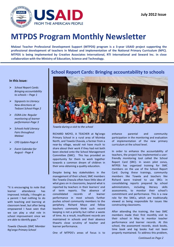 Malawi Teacher Professional Development Support (MTPDS) Program Monthly Newsletter July 2012 Issue