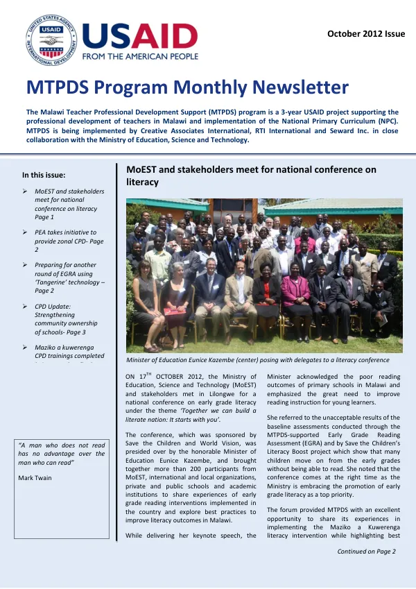 Malawi Teacher Professional Development Support (MTPDS) Program Monthly Newsletter October 2012 Issue