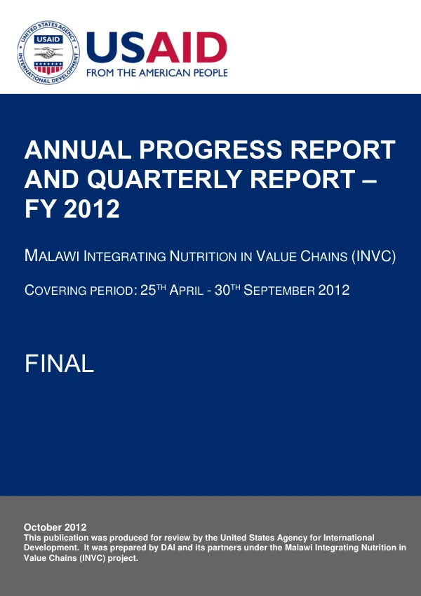 Final Quarterly FY 2012 Report: Malawi Integrating Nutrition in Value Chains (INVC)