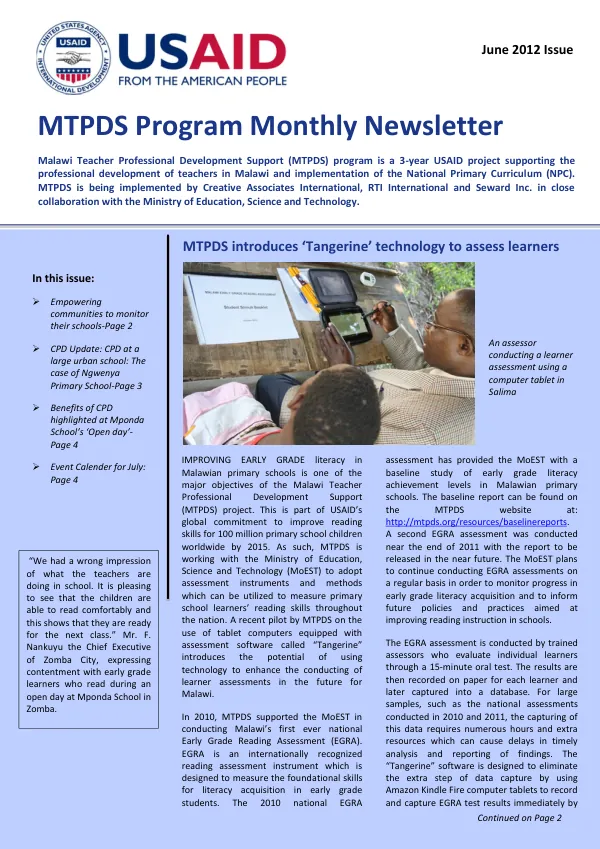 Malawi Teacher Professional Development Support (MTPDS) Program Monthly Newsletter June 2012 Issue