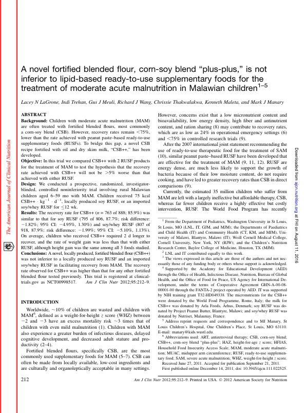 A Novel, Locally Produced, Fortified Blended Flour (CSB++) Was Not Inferior to a Locally Produced Soy RUSF and an Imported Soy/Whey RUSF in Facilitating Recovery from MAM