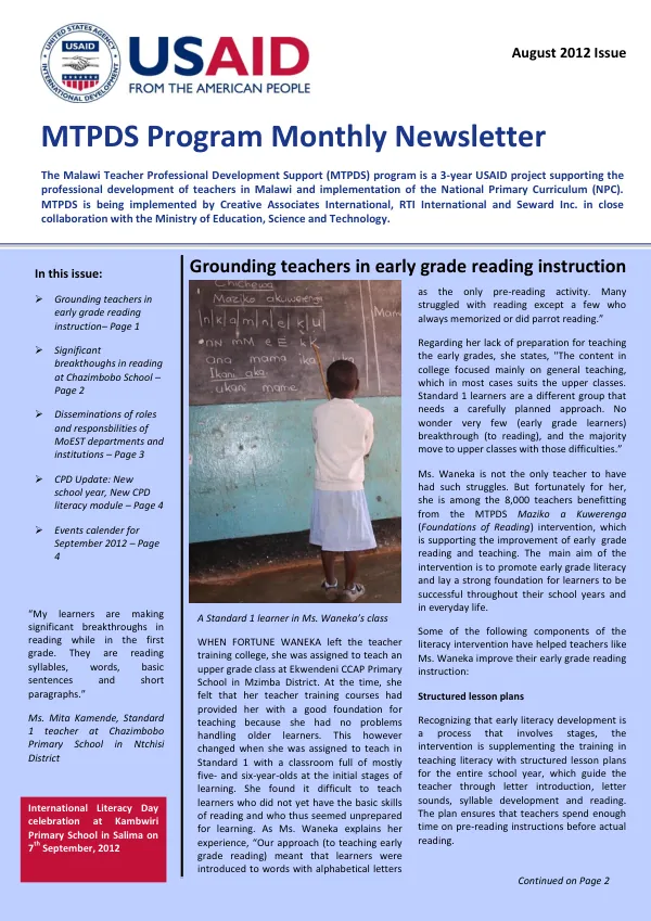 Malawi Teacher Professional Development Support (MTPDS) Program Monthly Newsletter August 2012 Issue