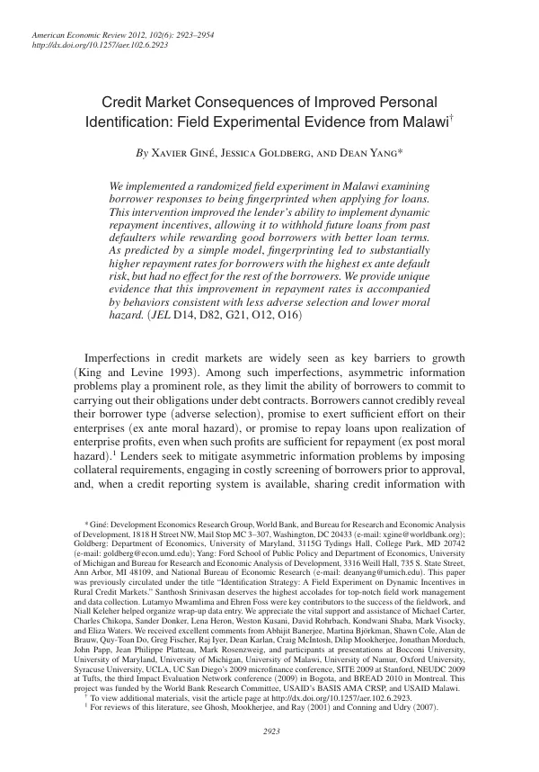 Credit Market Consequences of Improved Personal Identification: Field Experimental Evidence from Malawi