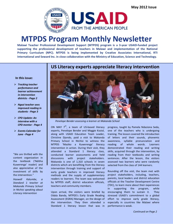 Malawi Teacher Professional Development Support (MTPDS) Program Monthly Newsletter May 2012 Issue