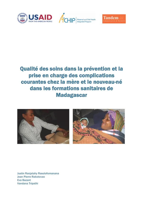 Qualité des soins dans la prévention et la prise en charge des complications courantes chez la mère et le nouveau-né dans les formations sanitaires de Madagascar