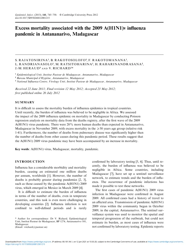 Excess mortality associated with the 2009 A(H1N1)v influenza pandemic in Antananarivo, Madagascar