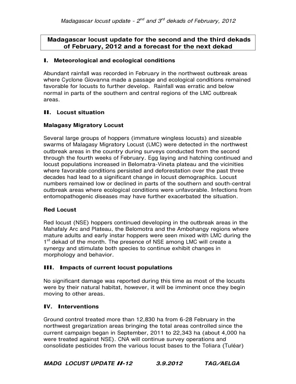 Madagascar locust update for the 2nd and 3rd dekads of February 2012