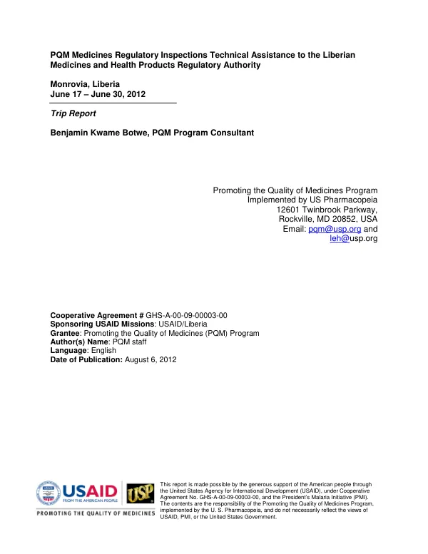 PQM Medicines Regulatory Inspections Technical Assistance to the Liberian Medicines and Health Products Regulatory Authority