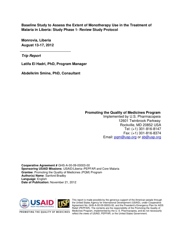 Baseline Study to Assess the Extent of Monotherapy Use in the Treatment of Malaria in Liberia: Study Phase 1- Review Study Protocol