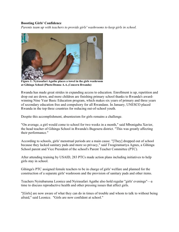 Boosting Girls' Confidence: Parents Team Up with Teachers to Provide Girls' Washrooms to Keep Girls in School