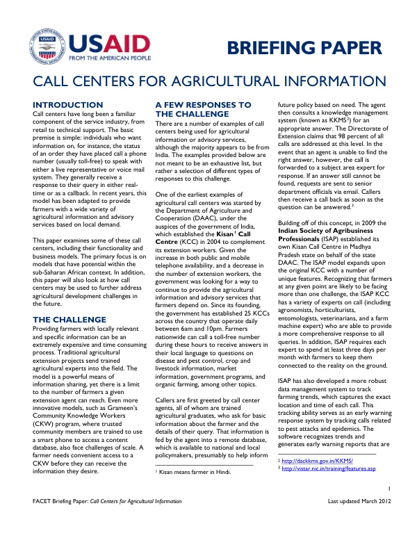 Call Centers for Agricultural Information