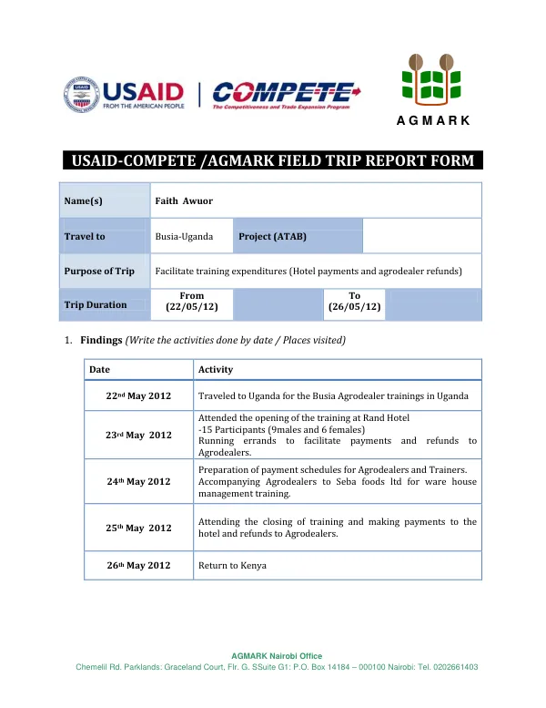 USAID-COMPETE AGMARK FIELD TRIP REPORT FORM