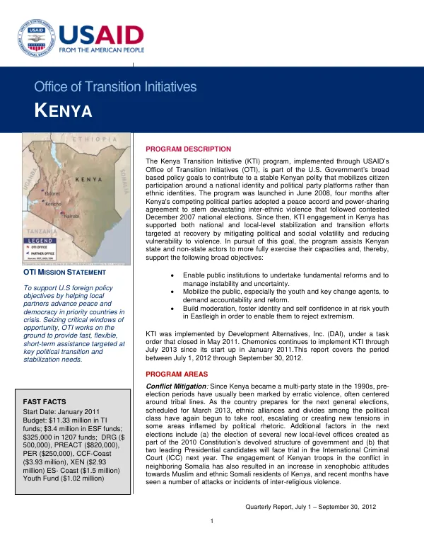 Quarterly Report, July 1 – September 30, 2012