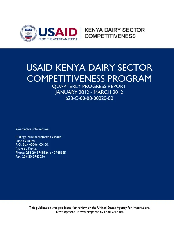 USAID Kenya Dairy Sector Competitiveness Program Quarterly Progress Report January 2012 - March 2012