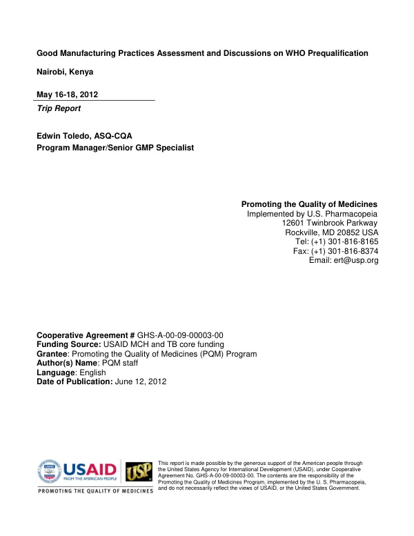Good Manufacturing Practices Assessment and Discussions on WHO Prequalification