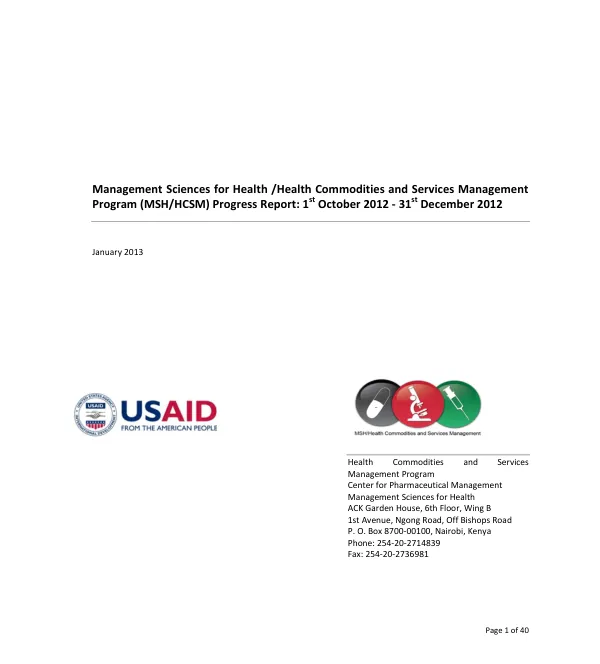 Management Sciences for Health/ Health Commodities and Services Management Program, Kenya, Progress Report: 1st October 2012- 31st December 2012