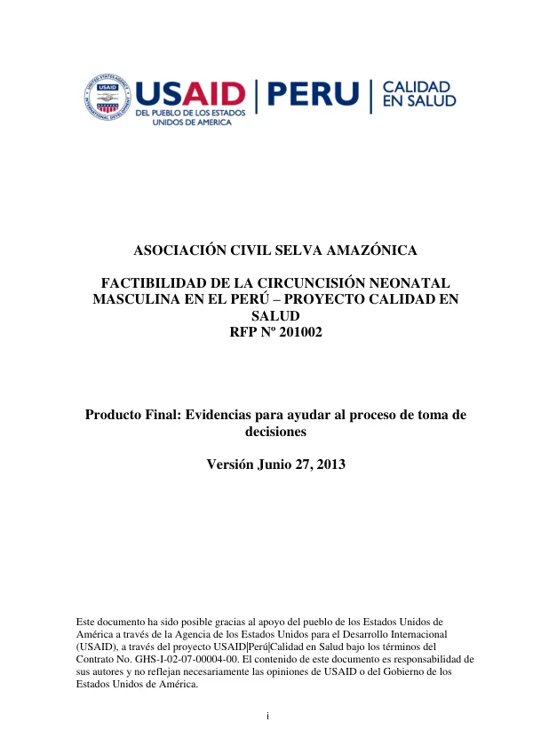 Factibilidad de la circuncision neonatal masculina en el Peru. Evidencias para ayudar al proceso de toma de decisiones
