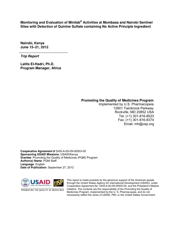 Monitoring and Evaluation of Minilab Activities at Mombasa and Nairobi Sentinel Sites