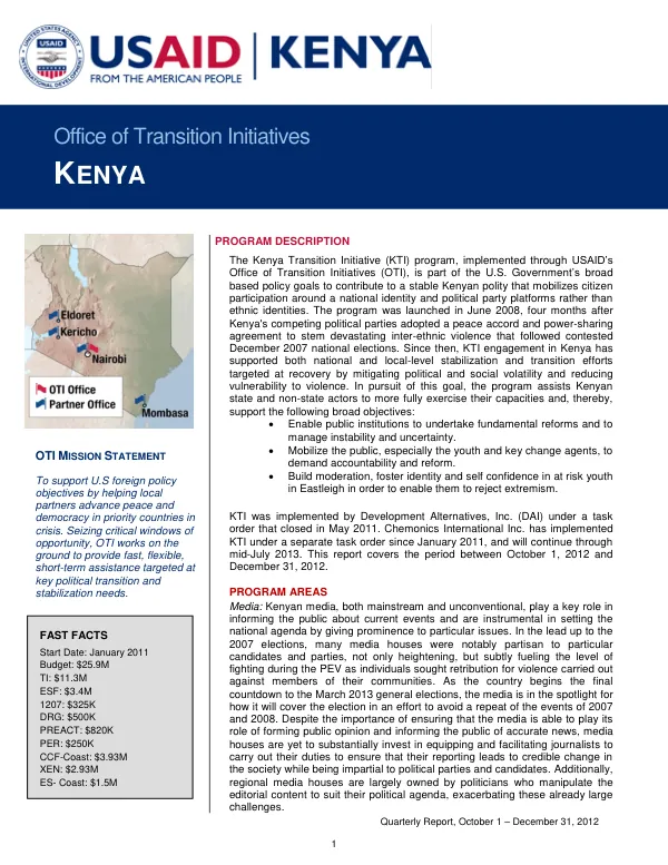 Quarterly Report, October 1 – December 31, 2012