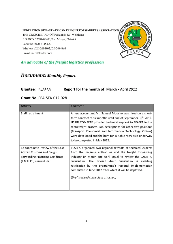 Monthly Report: March - April 2012