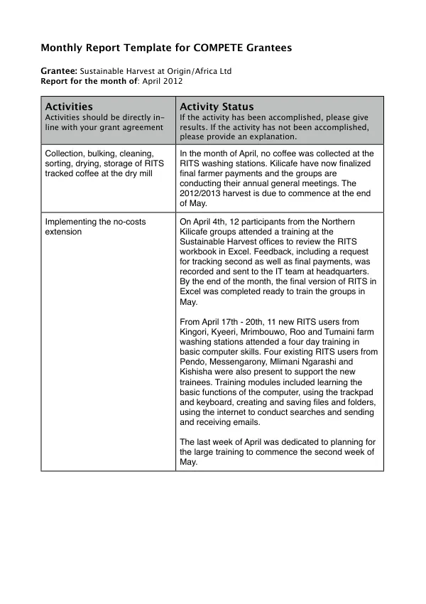 Monthly Report Template for COMPETE Grantees