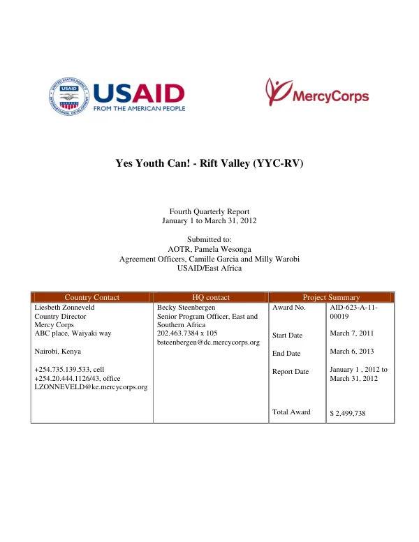 Fourth Quarterly Report: Yes Youth Can! - Rift Valley (YYC-RV) Program