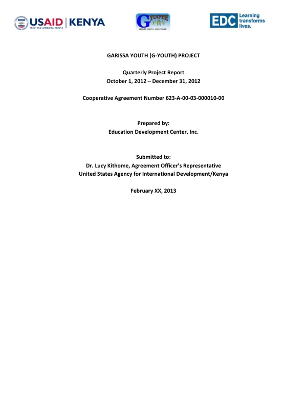 Garissa Youth (G-YOUTH) Project Quarterly Project Report October 1, 2012 – December 31, 2012