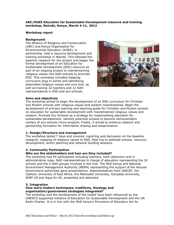 ARC Education and Water – March 2012 Nairobi workshop and follow up