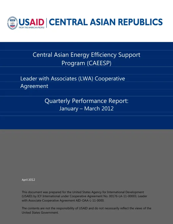 Central Asian Energy Efficiency Support Program (CAEESP) Quarterly Performance Report: January – March 2012