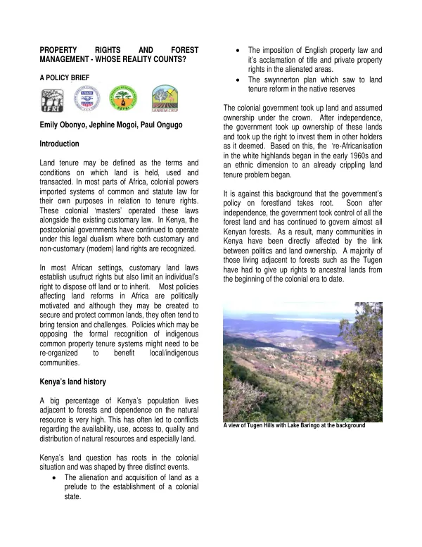 PROPERTY RIGHTS AND FOREST MANAGEMENT - WHOSE REALITY COUNTS?