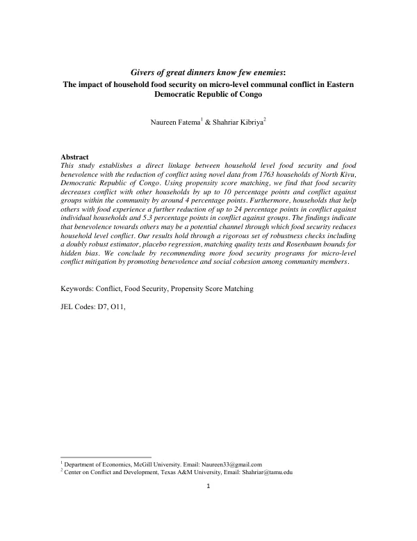 The impact of household food security on micro-level communal conflict in Eastern Democratic Republic of Congo