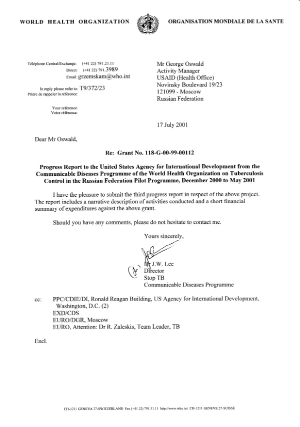 Progress report to the United States Agency for International Development from the Stop Tuberculosis Department of the World Health Organization on tuberculosis control in the Russian Federation pilot programme, December 2000-May 2001