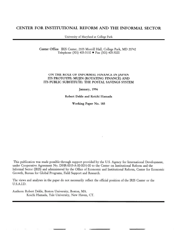 On the role of informal finance in Japan -- its protoype [i.e. prototype] : Mujin (rotating finance) and its public substitute : the postal savings system