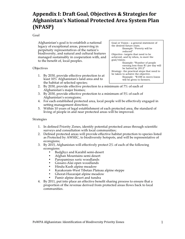 Draft Goals, Objectives & Strategies for Afghanistan's National Protected Area System Plan (NPASP)