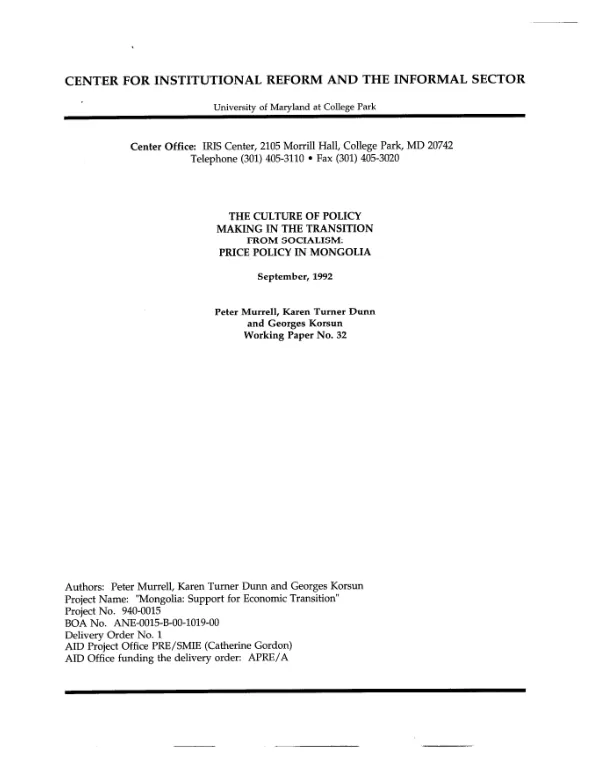 Culture of policy making in the transition from socialism : price policy in Mongolia