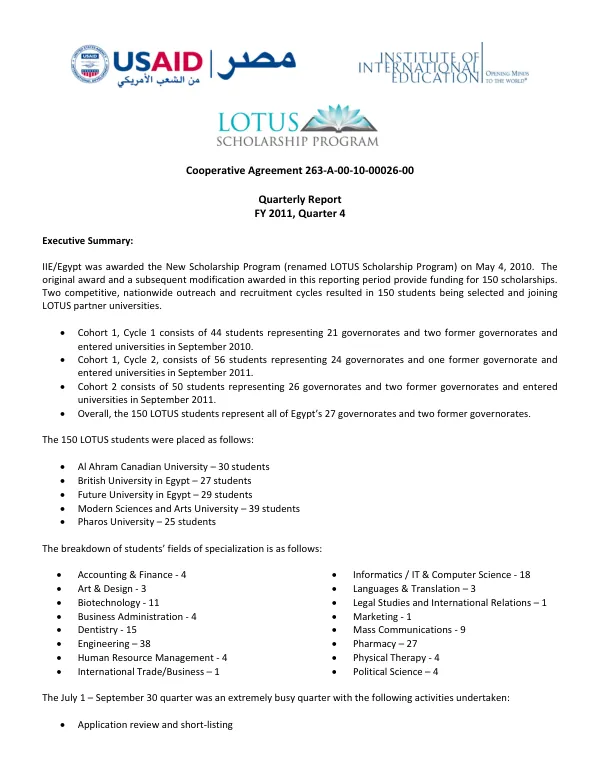 Quarterly Report FY 2011: LOTUS Scholarship Program