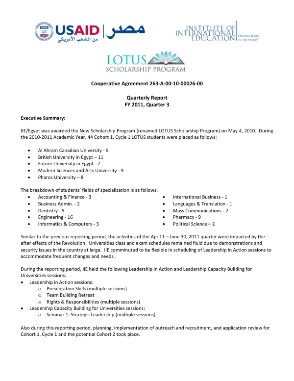 Quarterly Report FY 2011, Quarter 3: LOTUS Scholarship Program