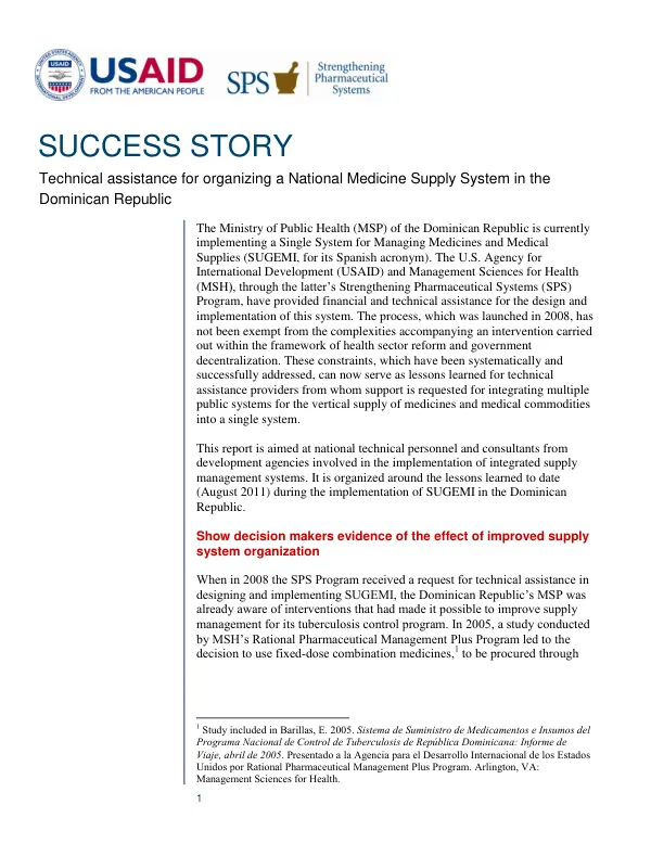 Technical Assistance for Organizing a National Medicine Supply System in the Dominican Republic