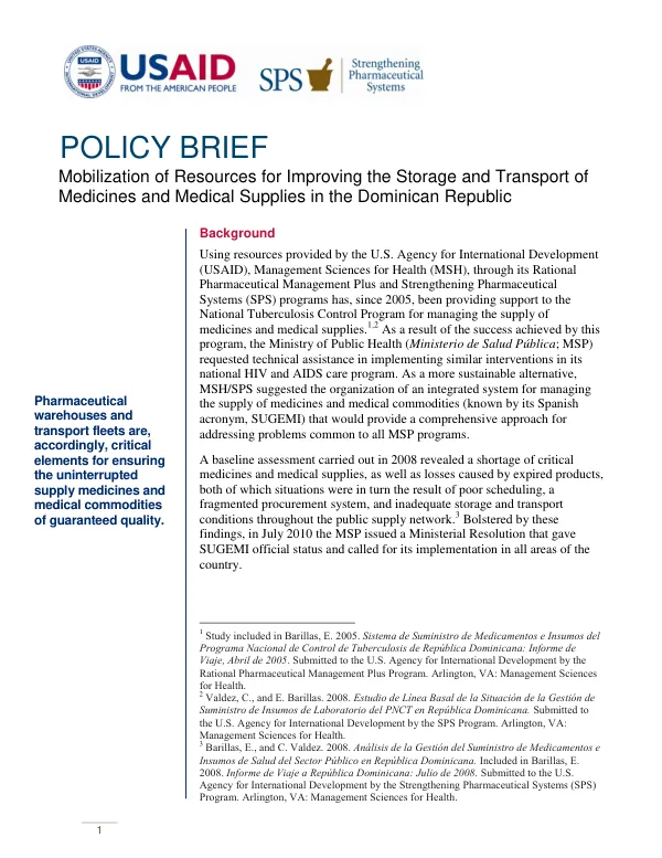 Mobilization of Resources for Improving the Storage and Transport of Medicines and Medical Supplies in the Dominican Republic