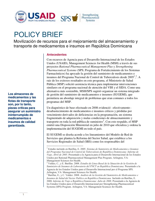 Movilización de recursos para el mejoramiento del almacenamiento y transporte de medicamentos e insumos en República Dominicana